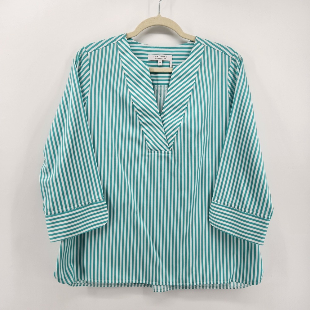 Foxcroft for Appleseed's Green White Striped V Neck Blouse Women's Size 12P